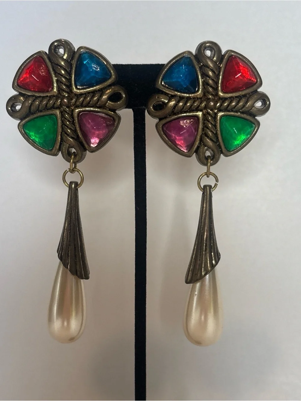 80s Glam Bold Clip-On Earrings‎ Retro Multi-Color Gem & Pearl Dangle